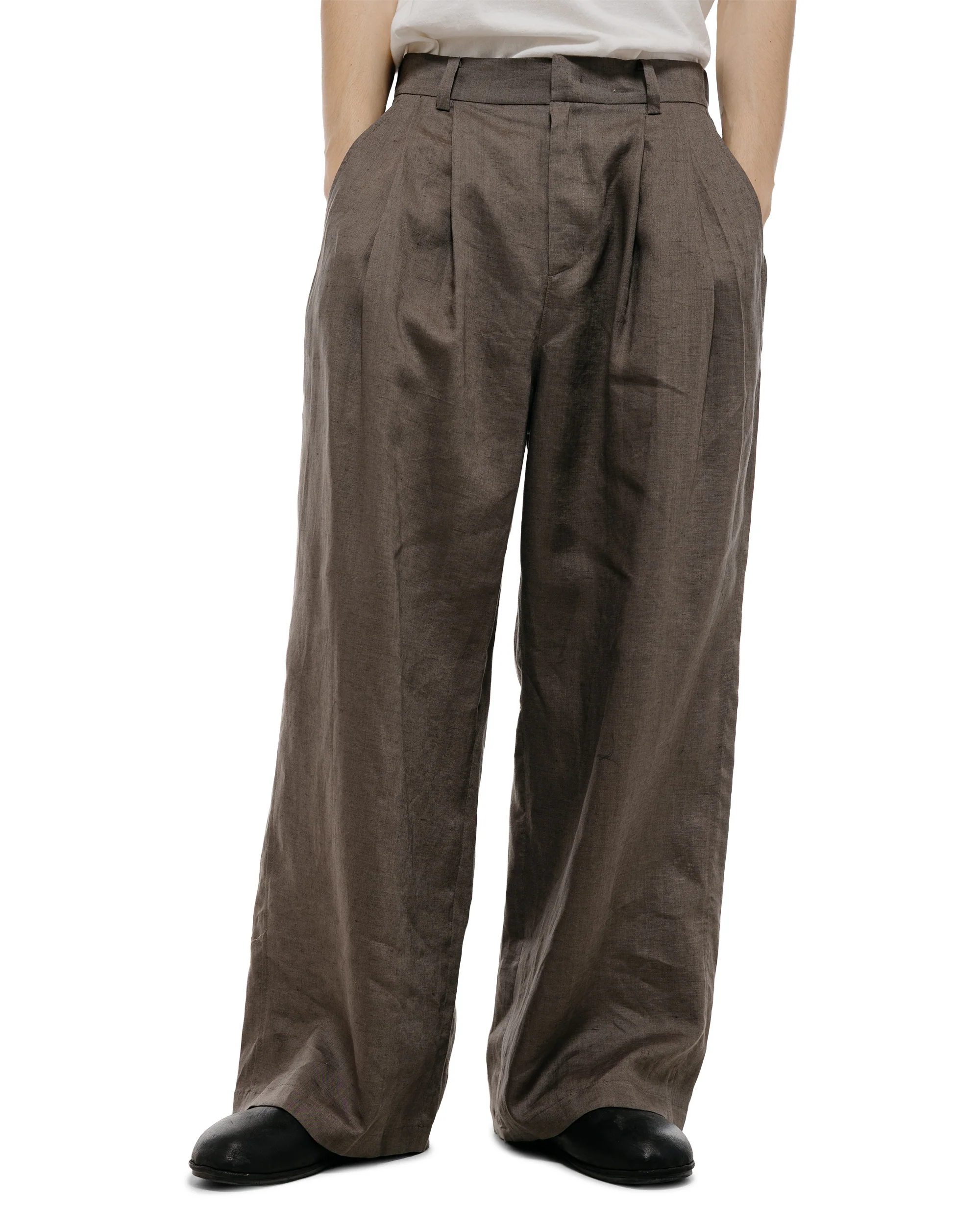 Amomento Linen Two Tuck Wide Pants Khaki - Image 2