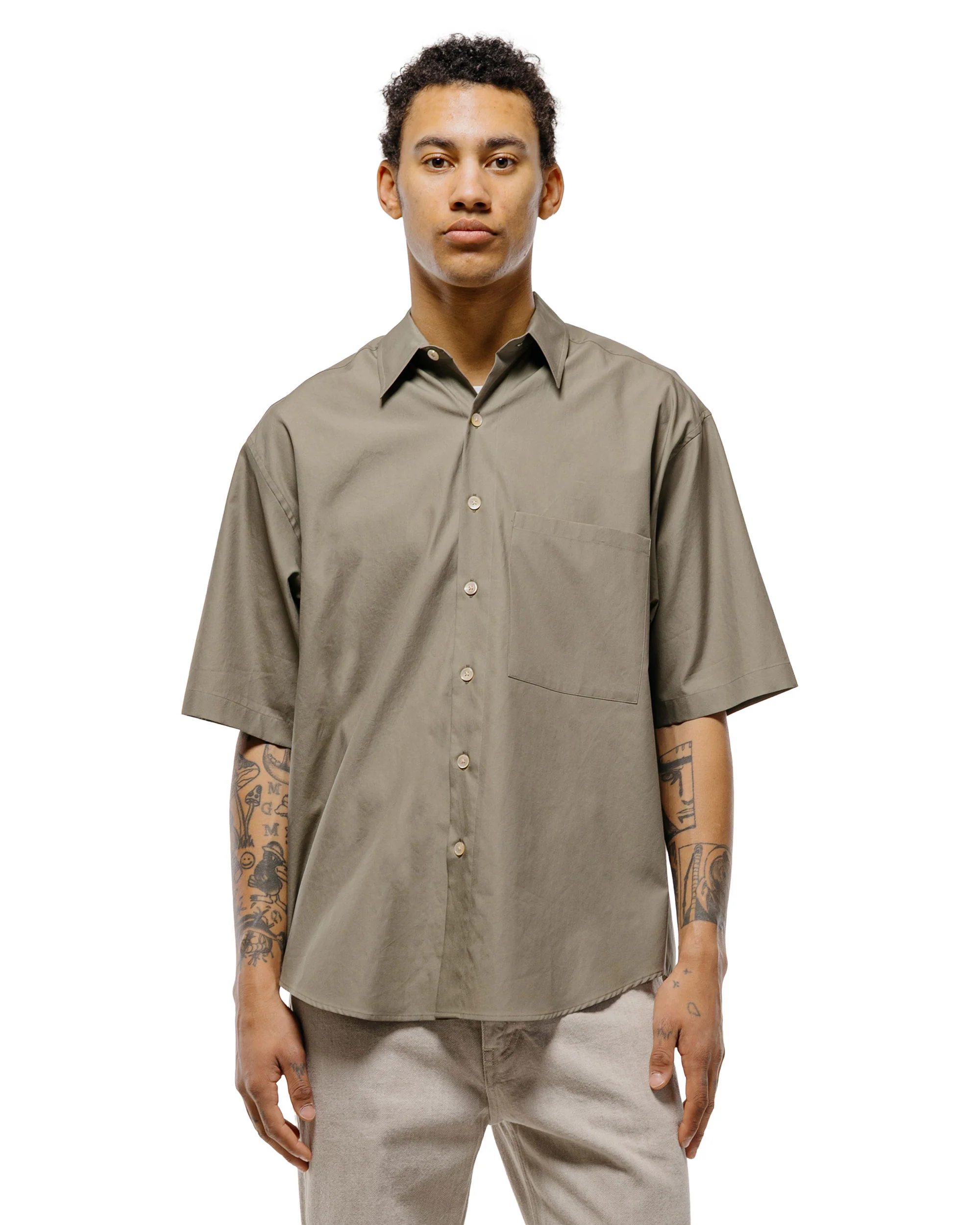 Auralee Washed Finx Twill Big Half Sleeved Shirt Olive - Image 2