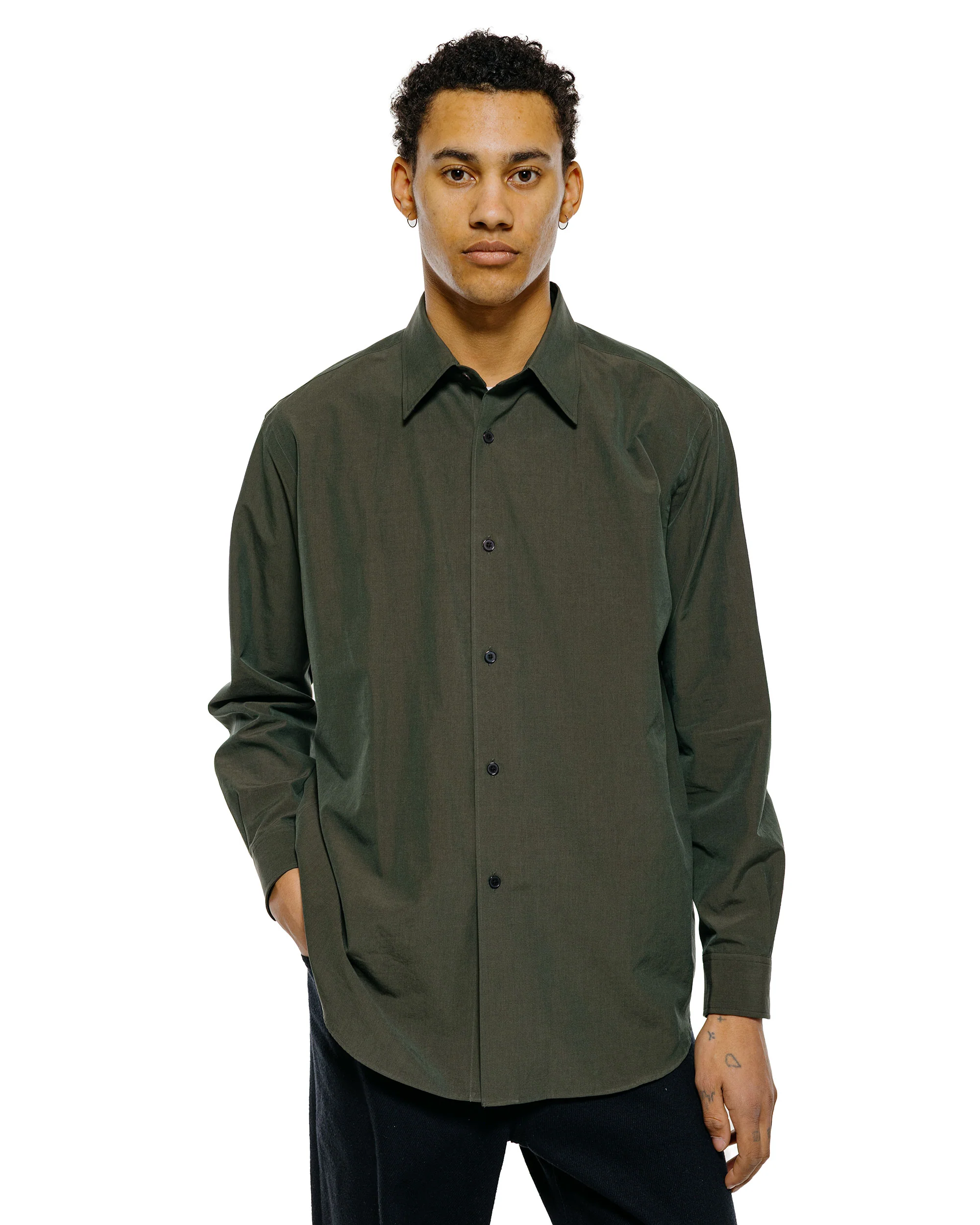 Auralee Washed Finx Weather Chambray Shirt Dark Olive - Image 2