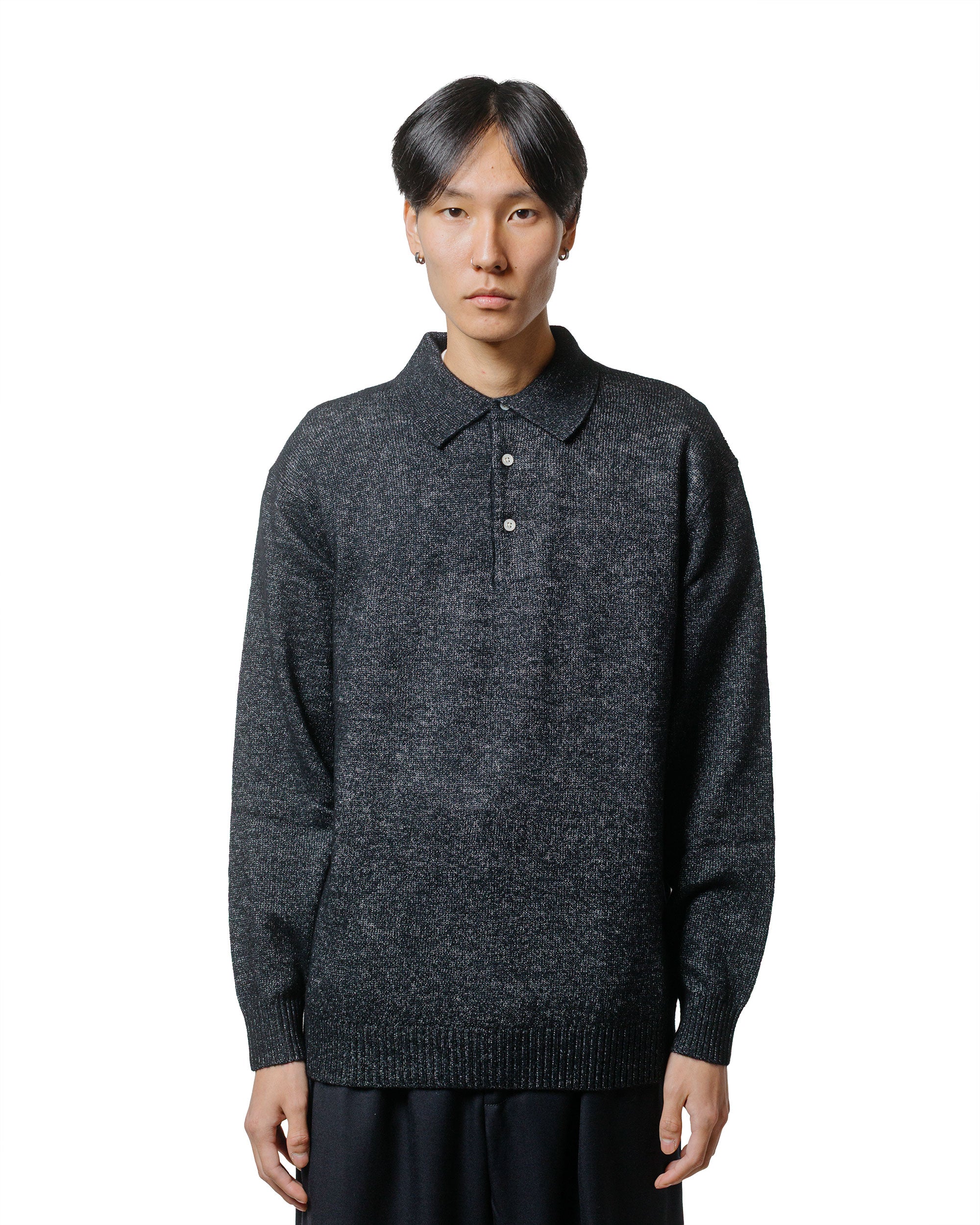 Beams Plus Knit Polo 9G Wool Silk Shaggy Black - Image 2
