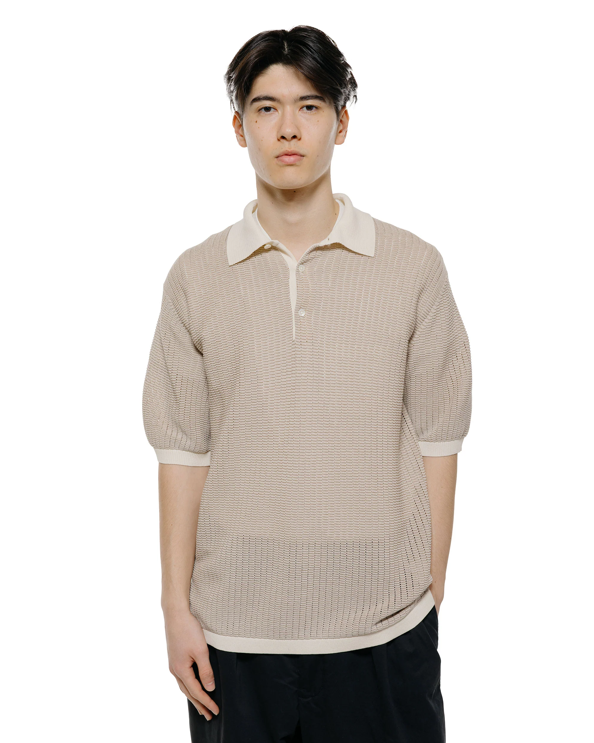 Beams Plus Knit Polo 'Washi' 2 Tone Off White - Image 2