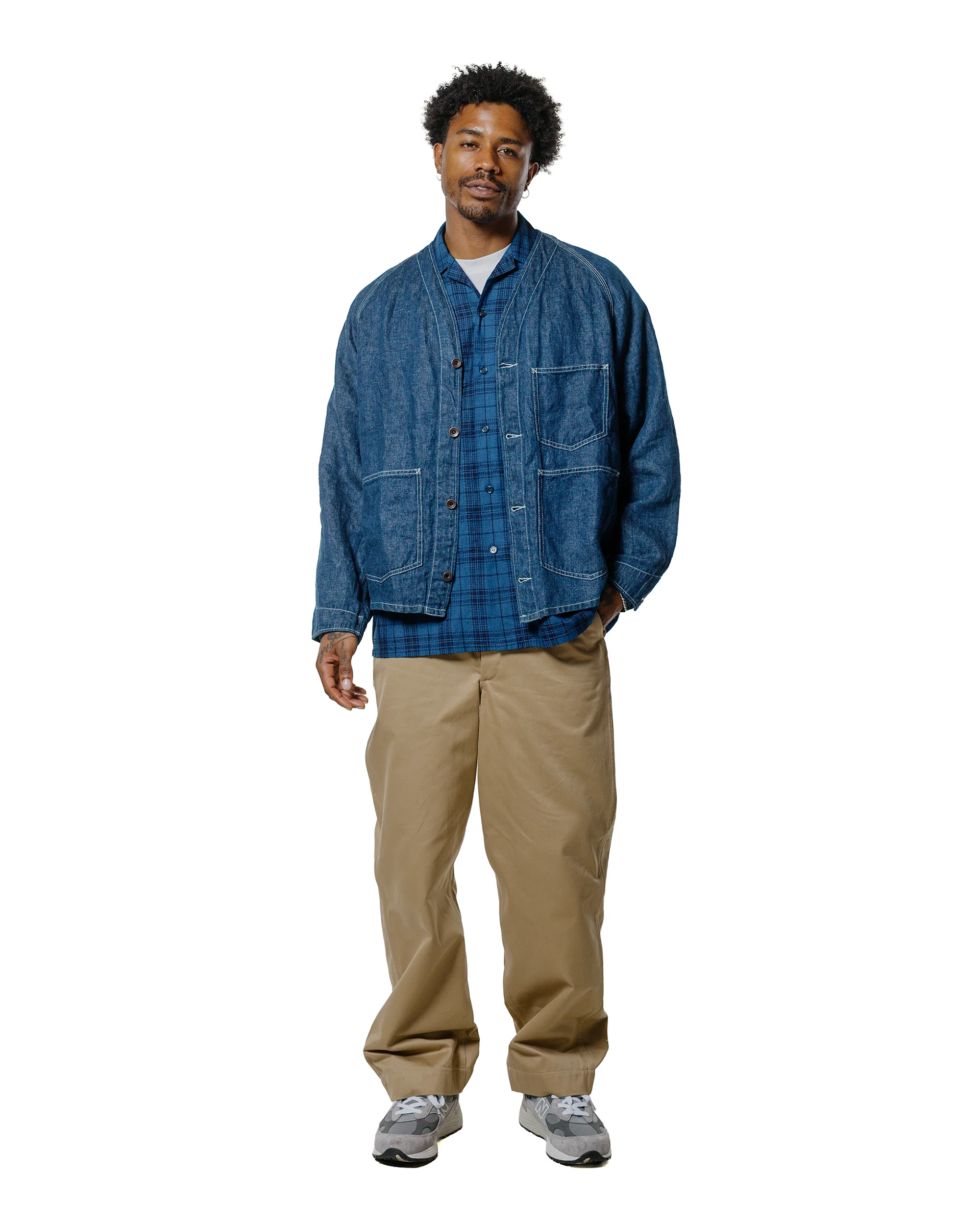 Beams Plus MIL Open Collar Indigo Dobby Plaid Wide Plaid - Image 4