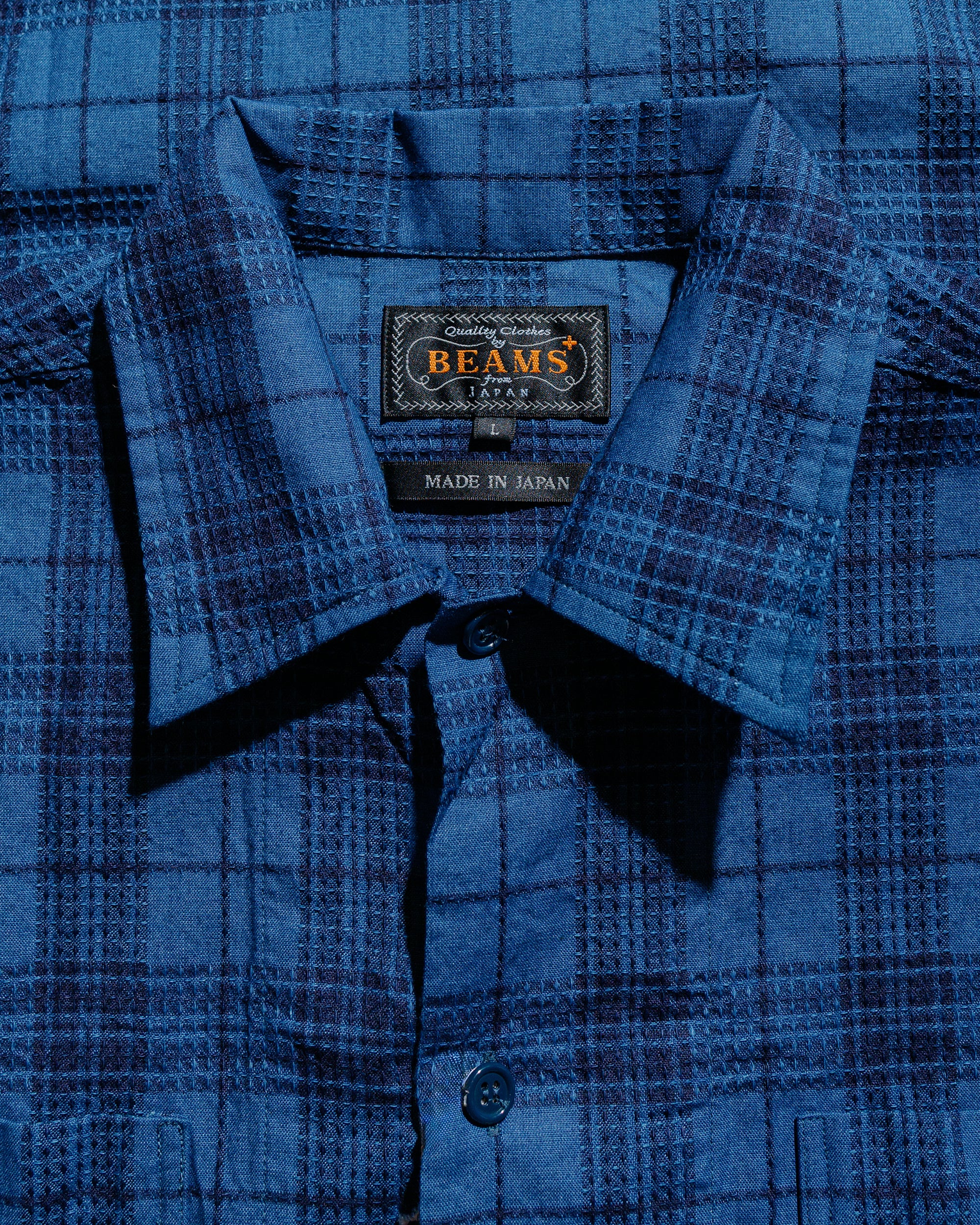 Beams Plus MIL Open Collar Indigo Dobby Plaid Wide Plaid - Image 5