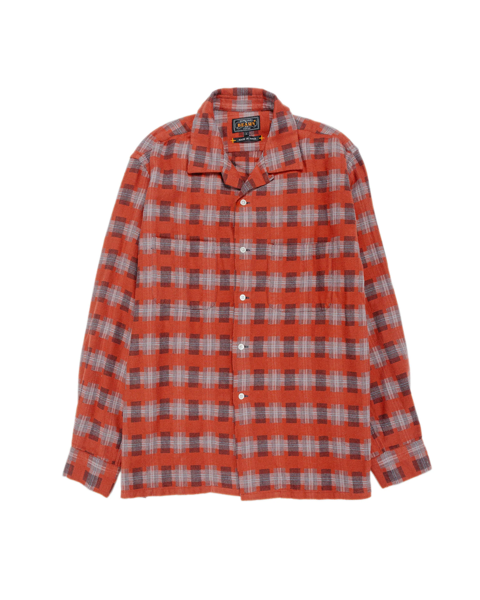 Beams Plus Open Collar Brushed Satin Plaid Red