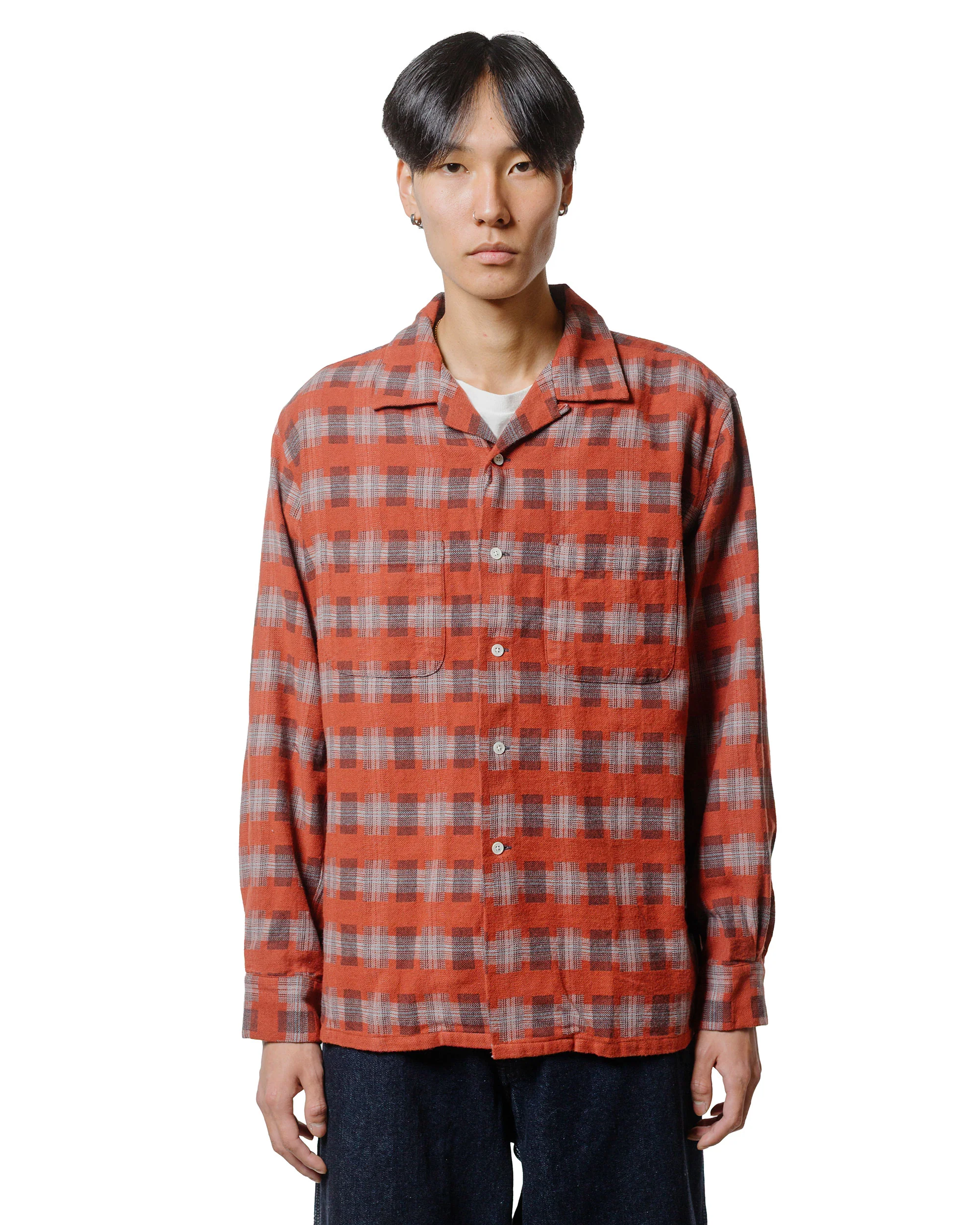 Beams Plus Open Collar Brushed Satin Plaid Red - Image 2