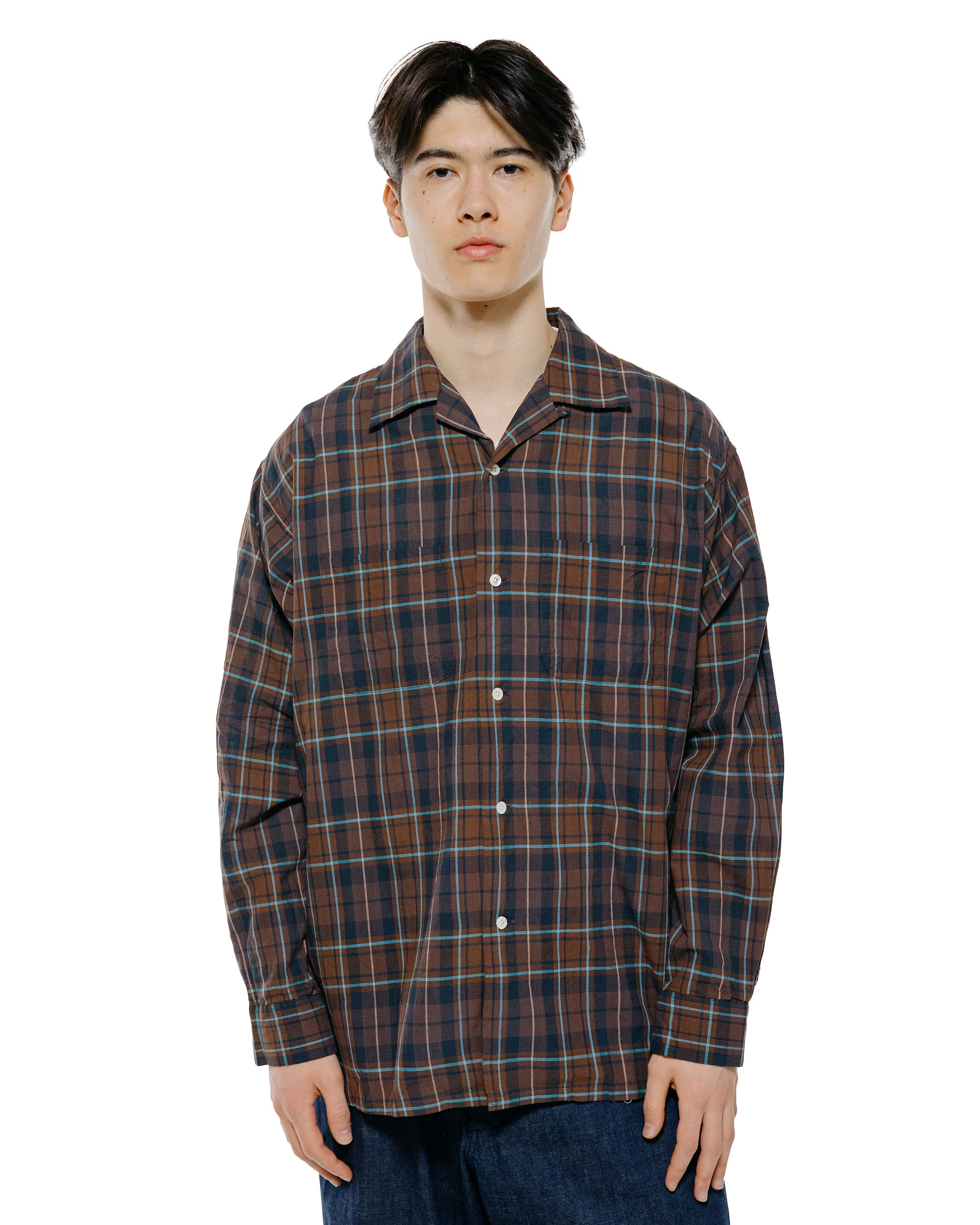 Beams Plus Open Collar Madras Brown - Image 2