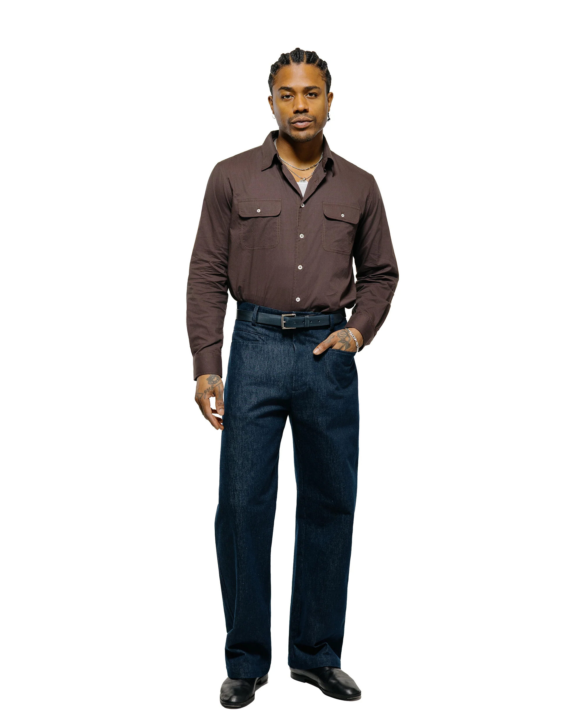 De Bonne Facture Artist Shirt Washed Cotton Voile Dark Brown - Image 4