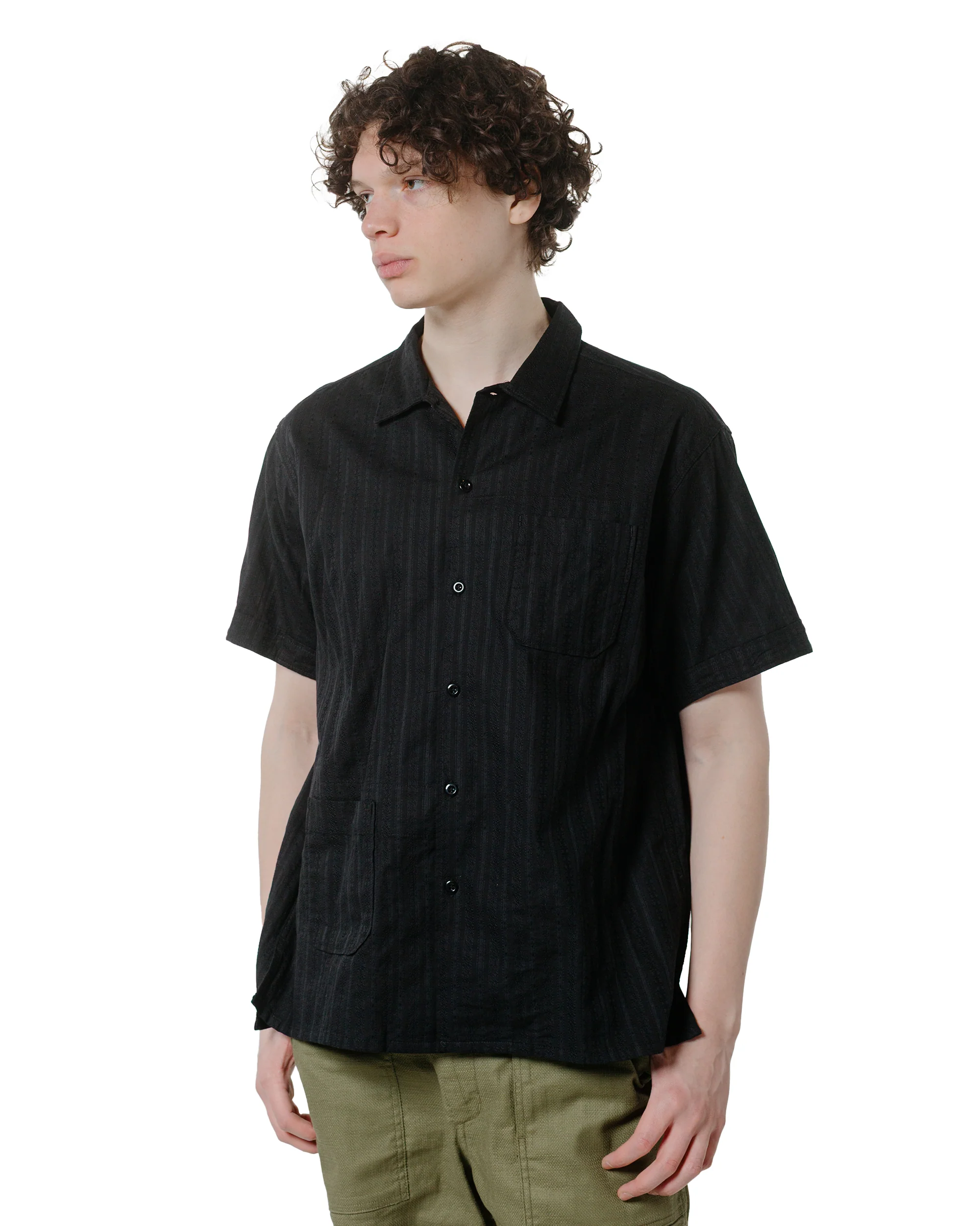 Engineered Garments Camp Shirt Black Cotton Lace Stripe Jacquard - Image 2