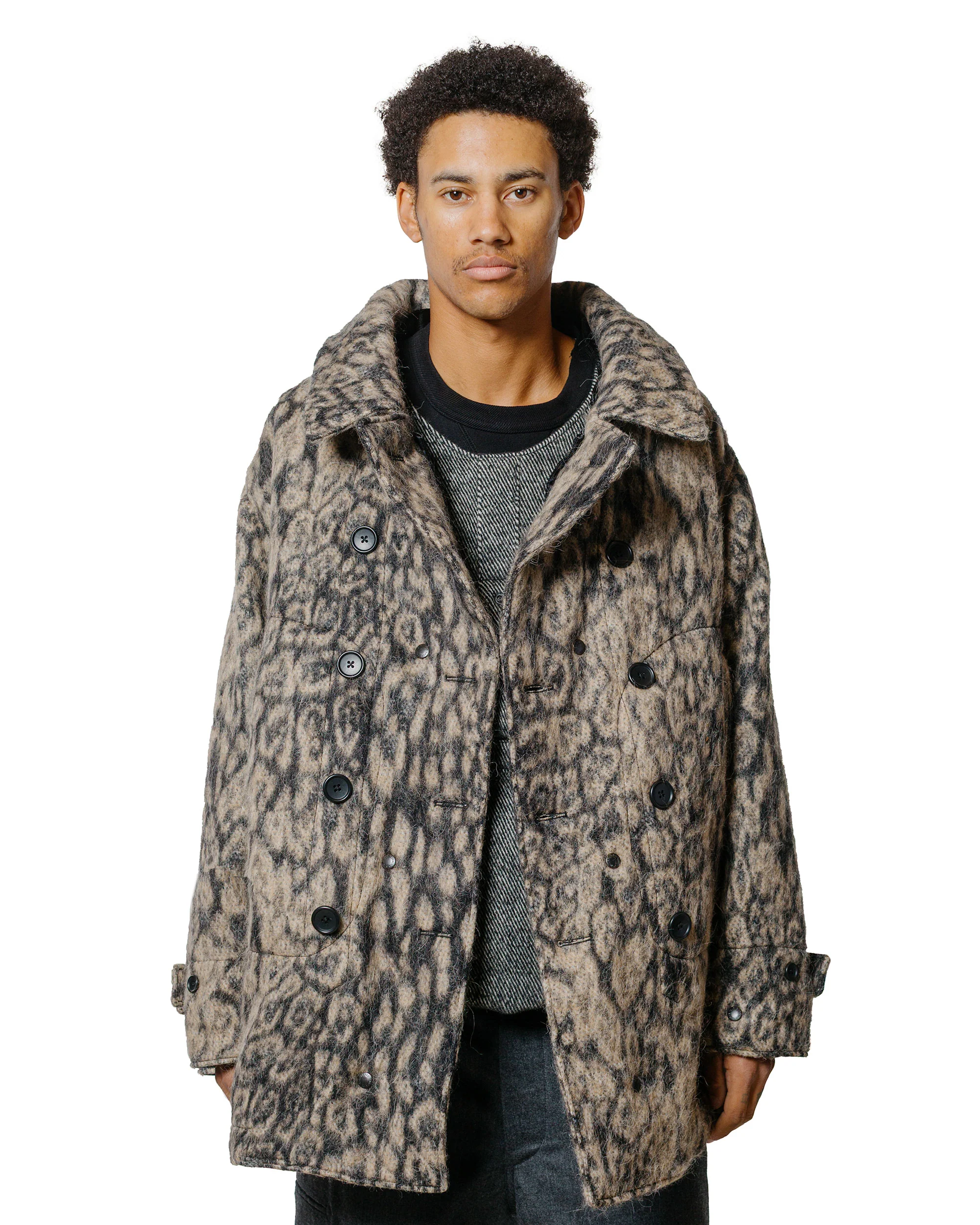 Engineered Garments Fireman Jacket Brown Wool Poly Leopard Jacquard - Image 2
