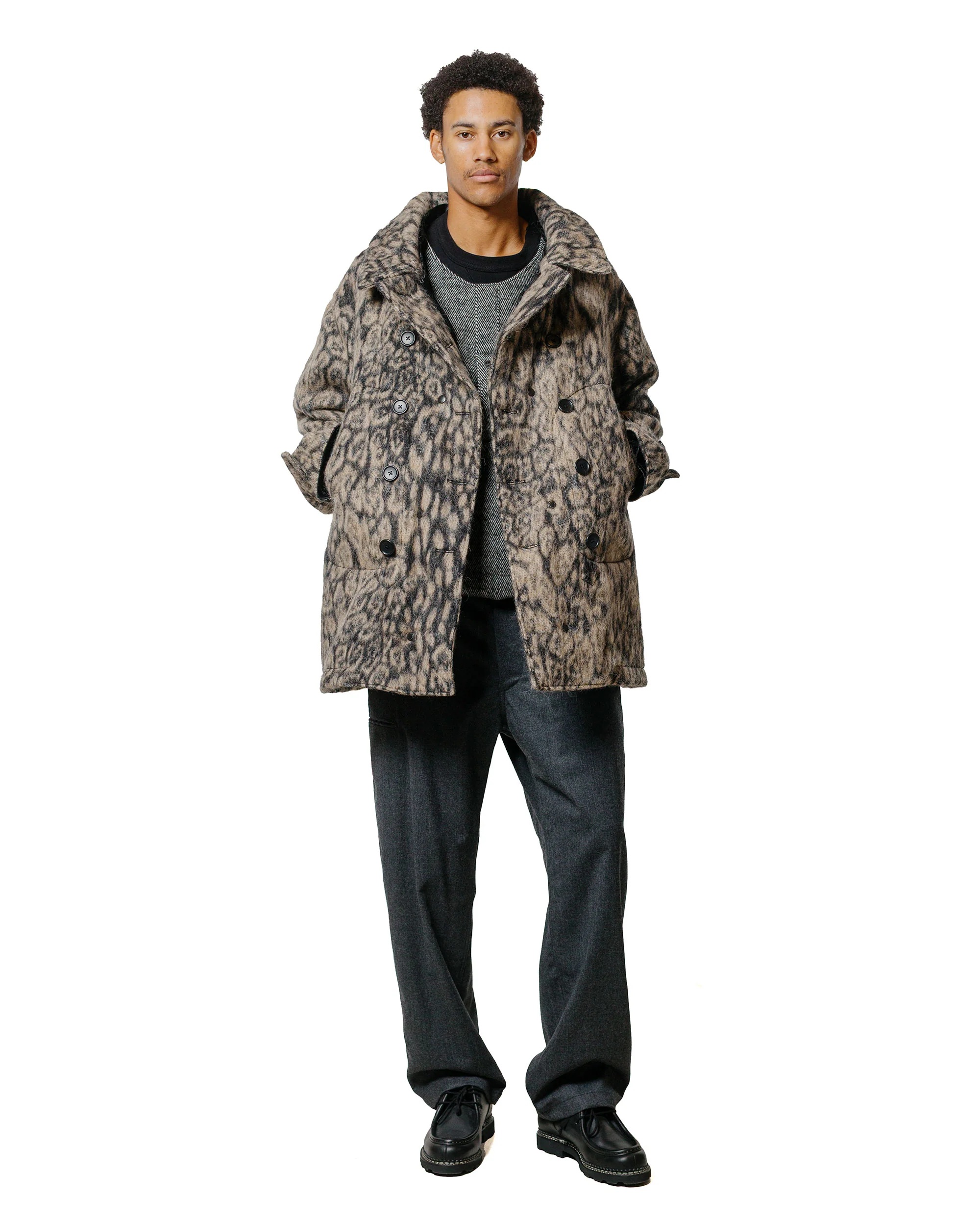 Engineered Garments Fireman Jacket Brown Wool Poly Leopard Jacquard - Image 4