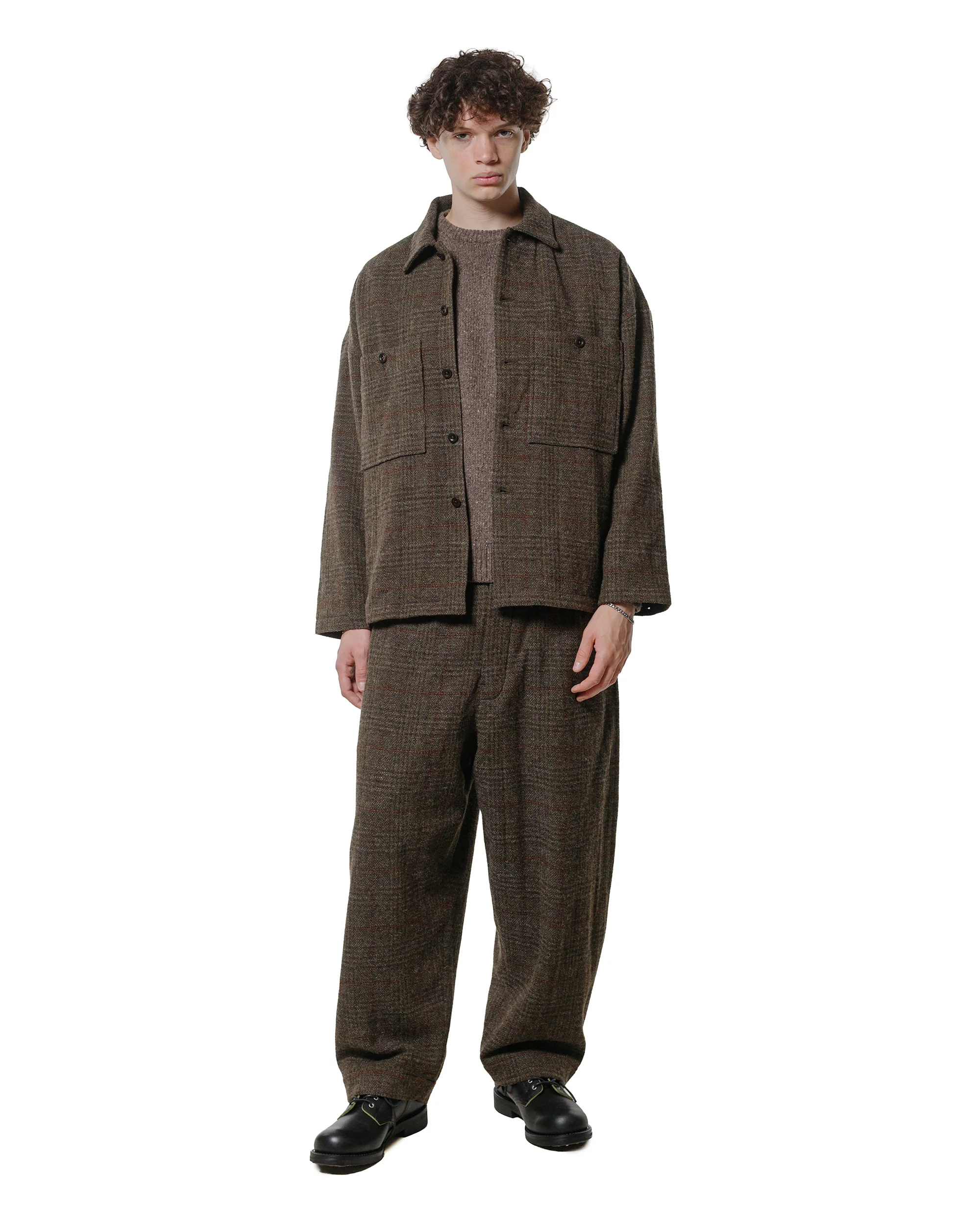 evan kinori Field Shirt Two Wool Herringbone Check Dark Olive/Charcoal - Image 4