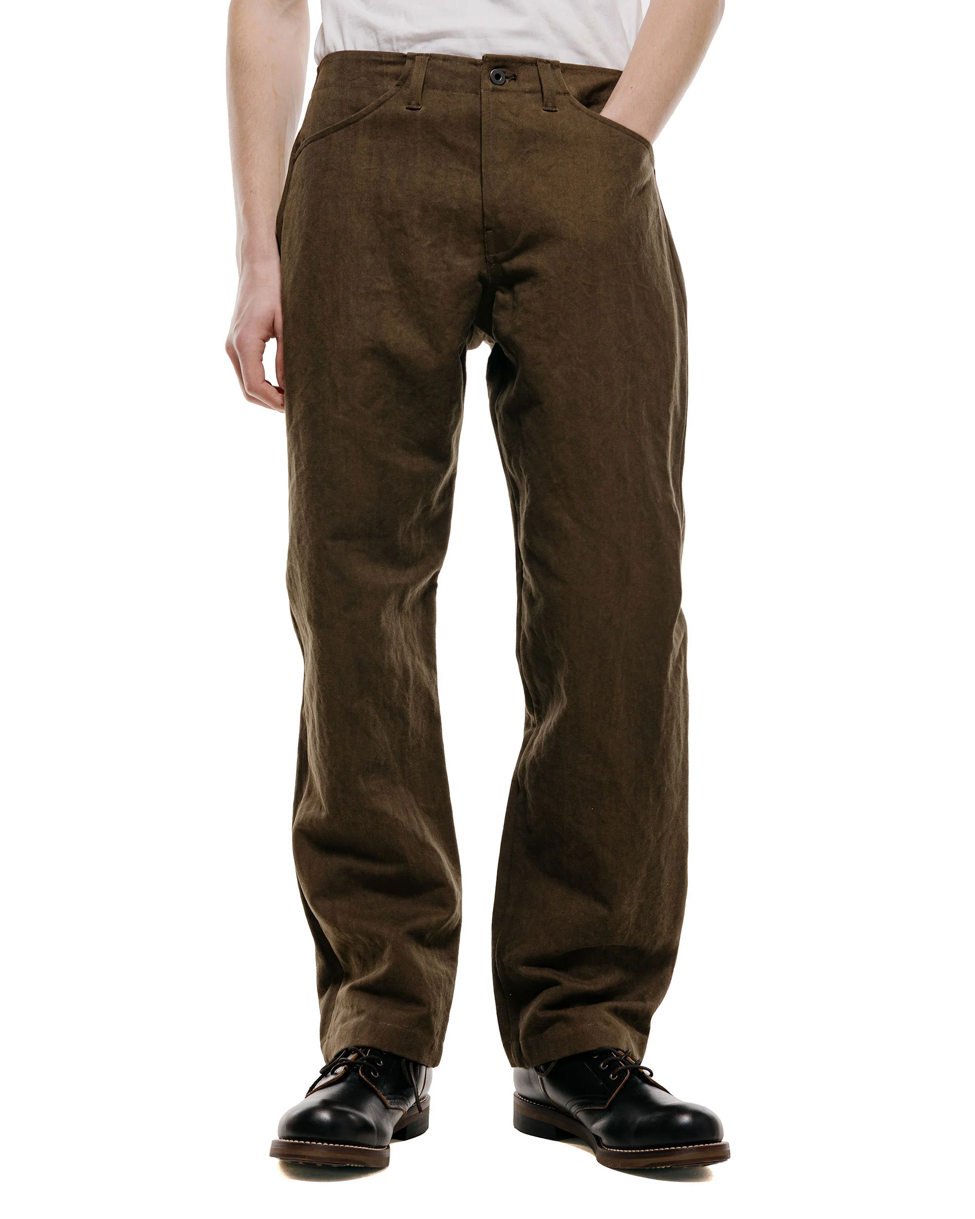 evan kinori Four Pocket Pant Cotton/Washi Canvas Dark Olive Sumi Ink Dye - Image 2