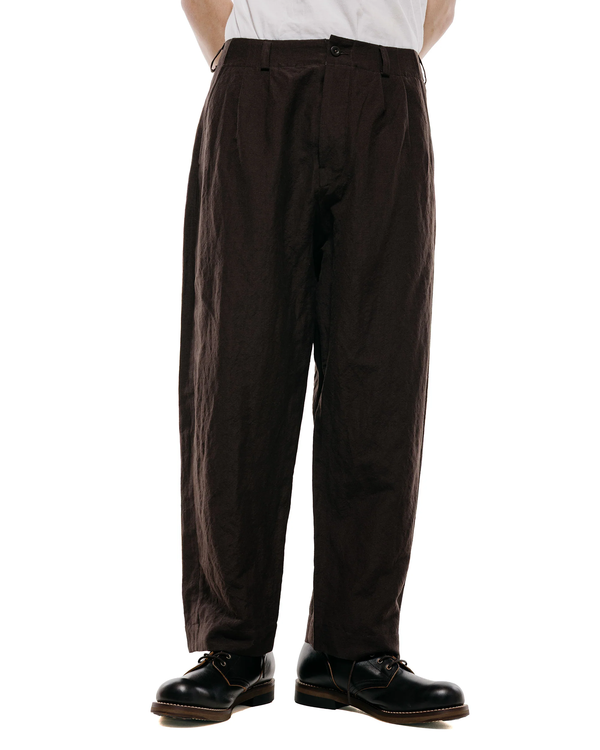 evan kinori Two Pleat Pant Wool Linen Canvas Dark Brown - Image 2