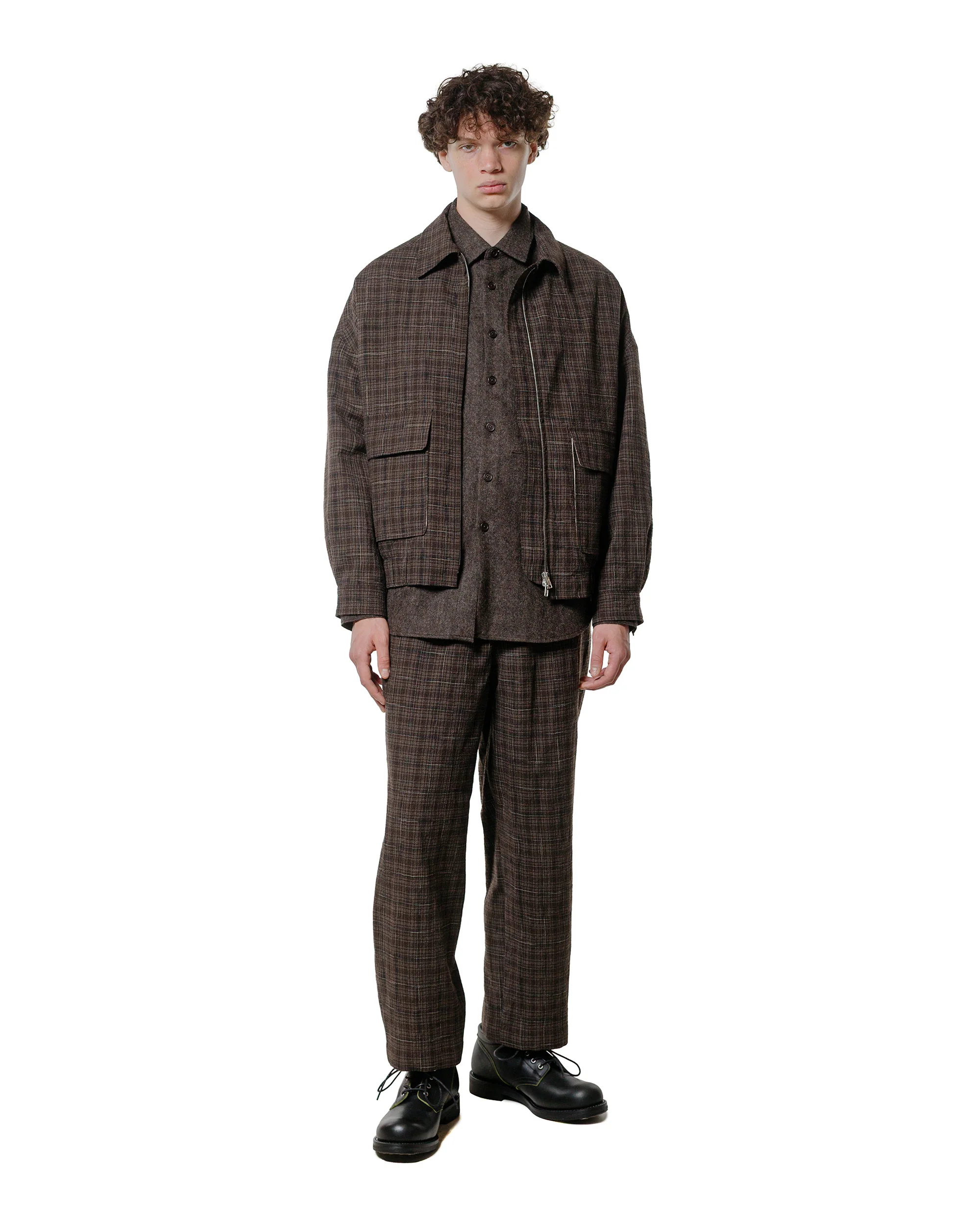 evan kinori Zip Jacket Two Kasuri Wool Check Brown/Beige/Navy - Image 4