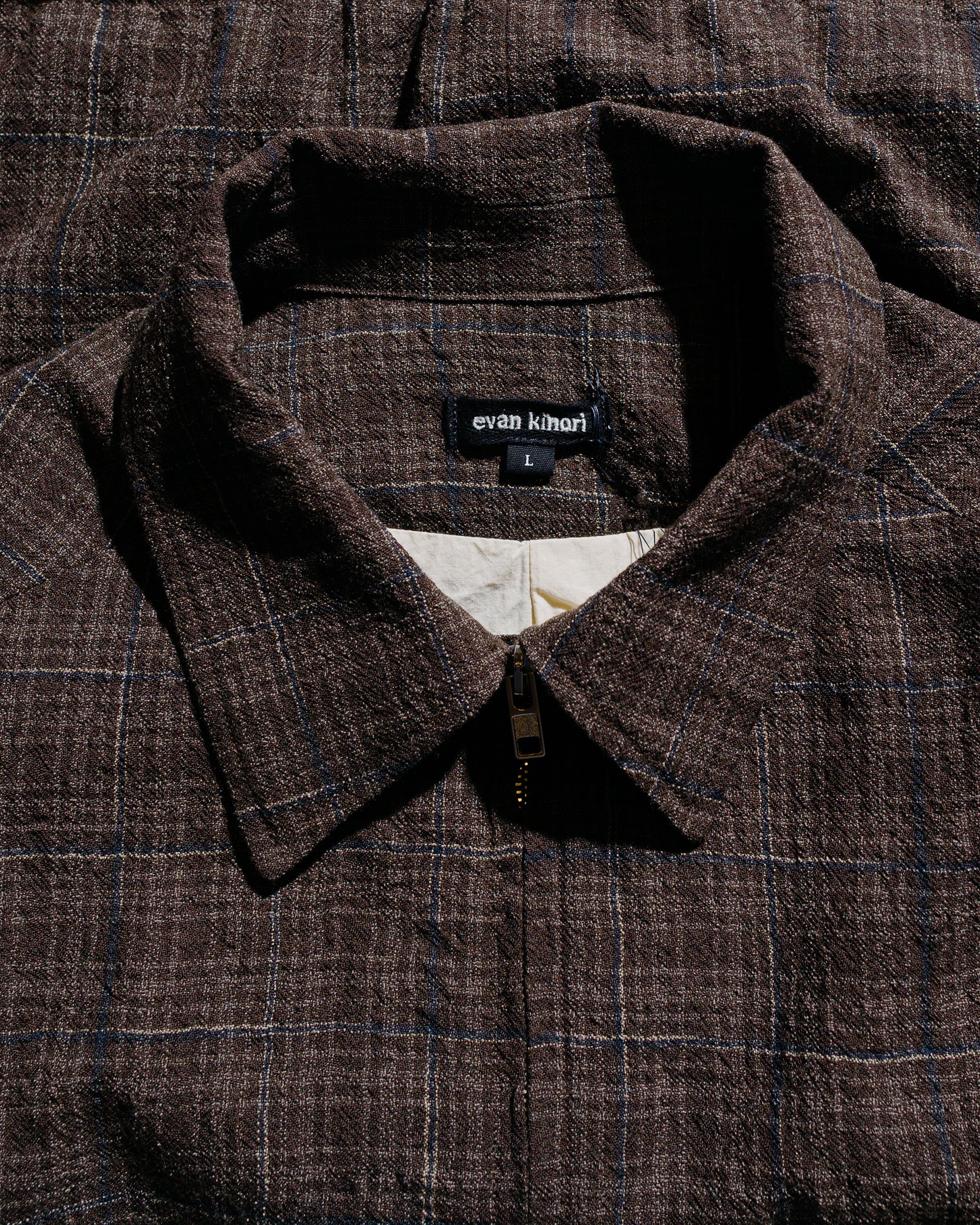 evan kinori Zip Jacket Two Kasuri Wool Check Brown/Beige/Navy - Image 5