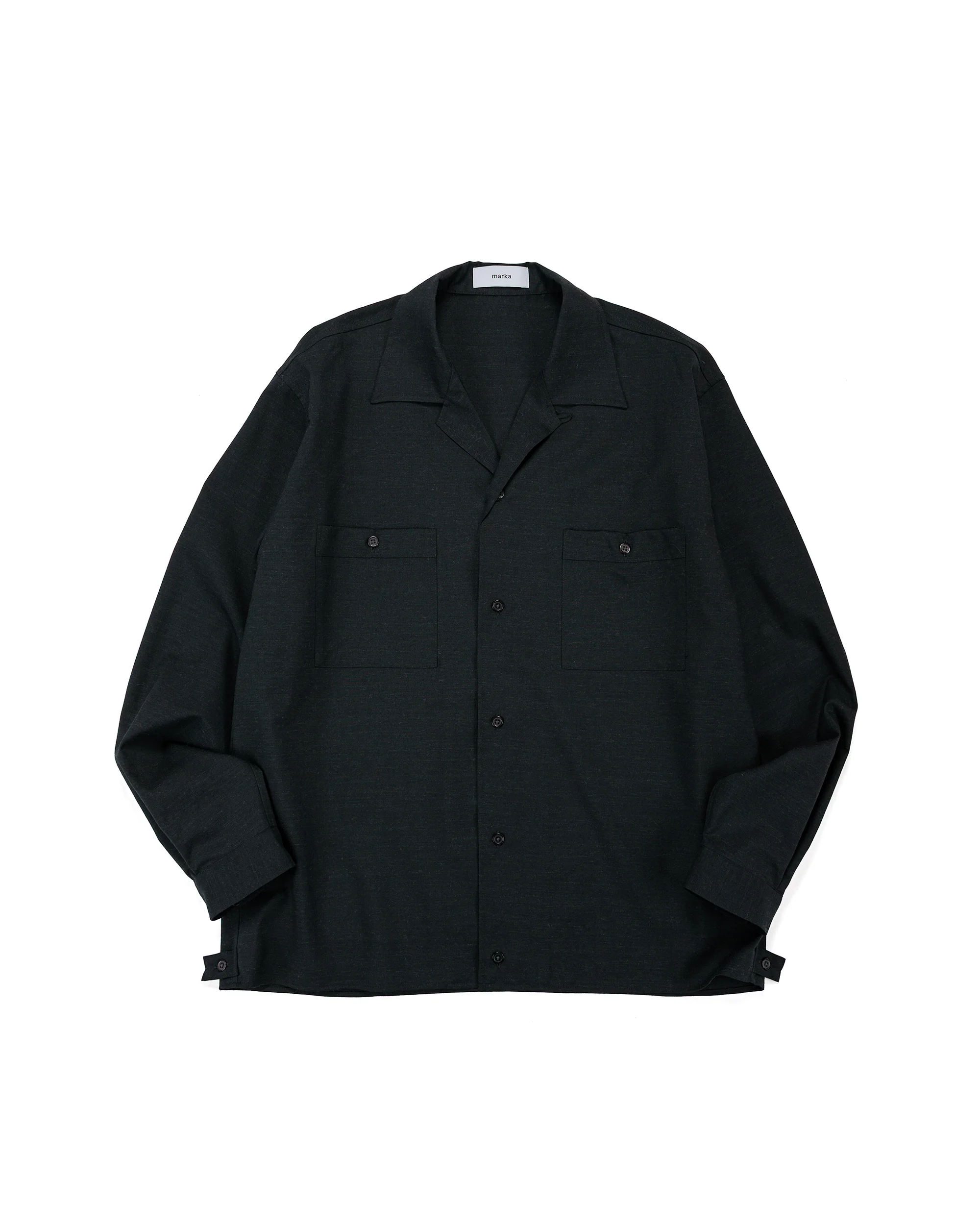 marka Double Pocket Open Collar Shirt 2/72 Wool Tropical Washer Chambray Black