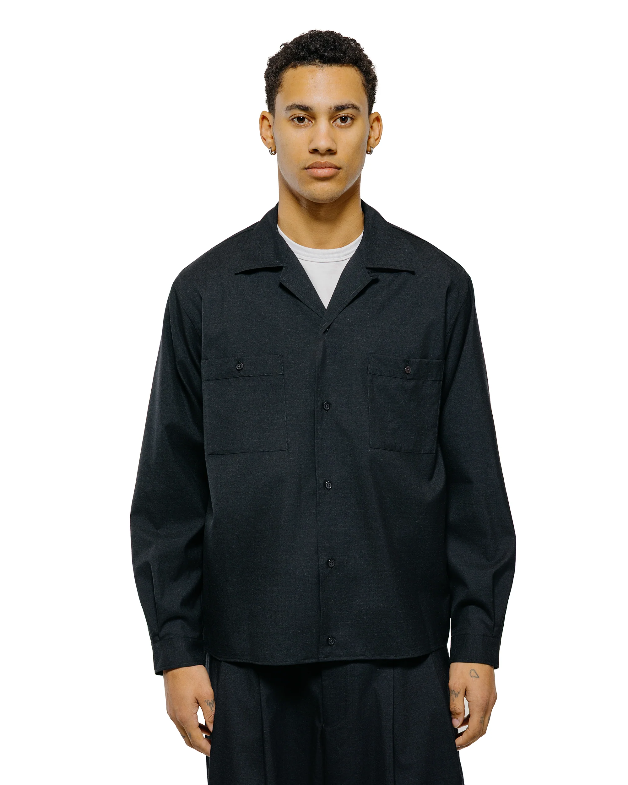 marka Double Pocket Open Collar Shirt 2/72 Wool Tropical Washer Chambray Black - Image 2