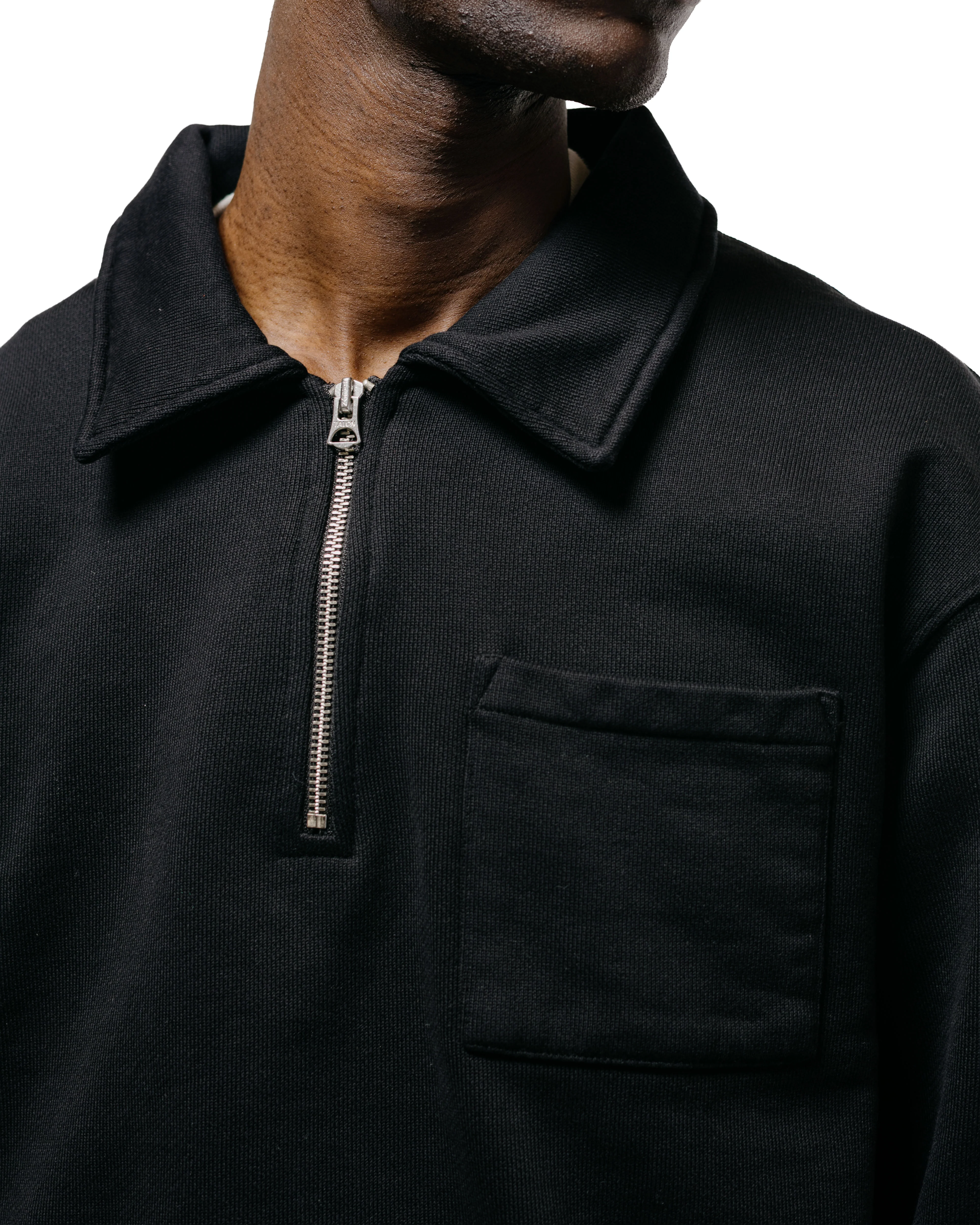 Merz B. Schwanen ZIP03 Authentic Fleece Polo Collared Half-Zip Cotton Sweatshirt Deep Black - Image 3