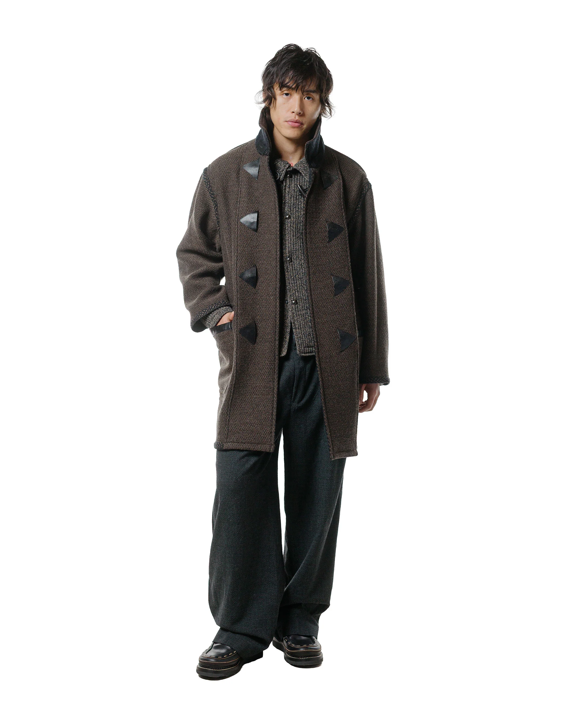 NICENESS H. Pierre Lily-Yarn Herringbone Reversible Duffle Coat Brown/Black - Image 7