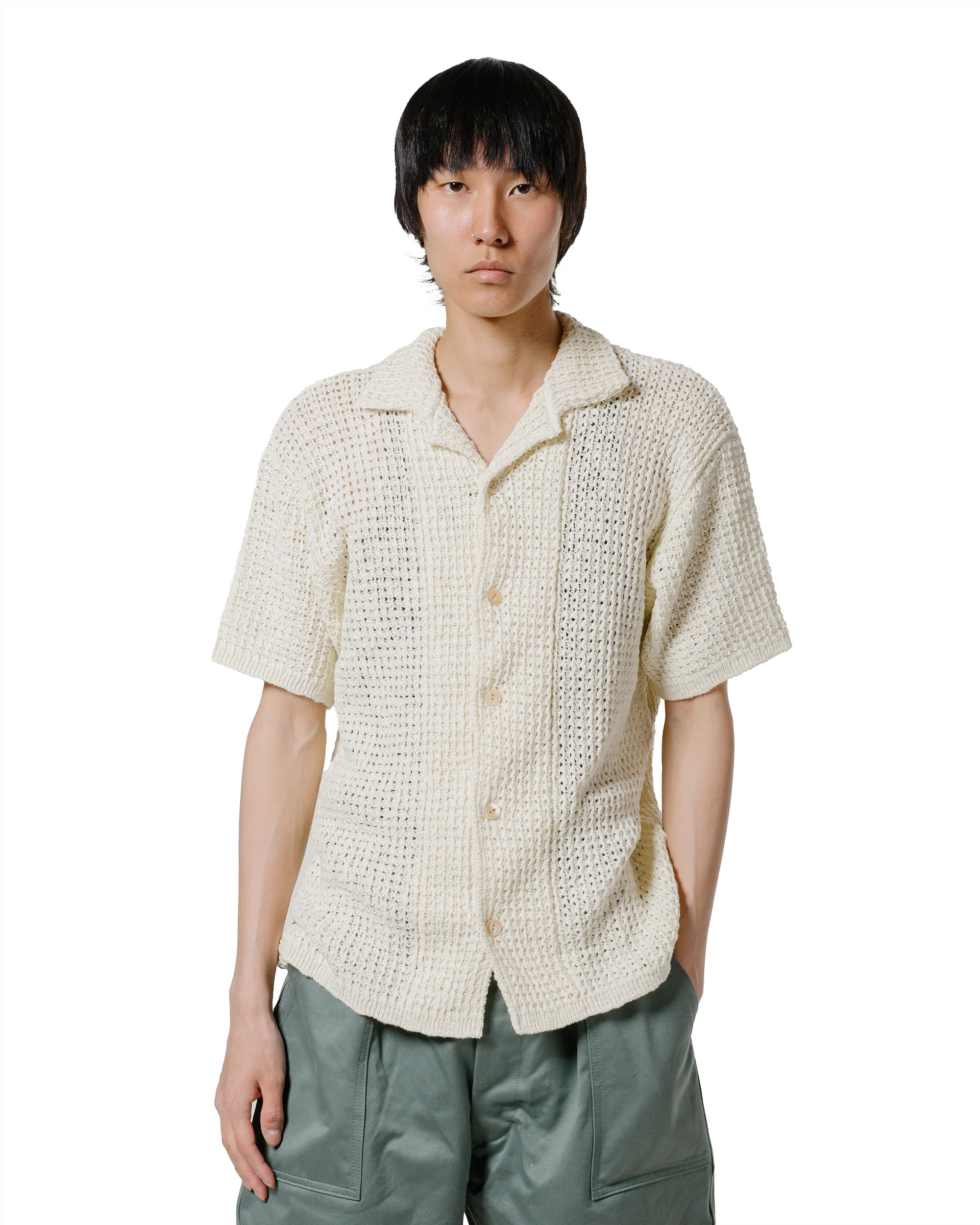 The Real McCoy’s MC25002 Cotton Knitted Button Up Shirt Milk - Image 2