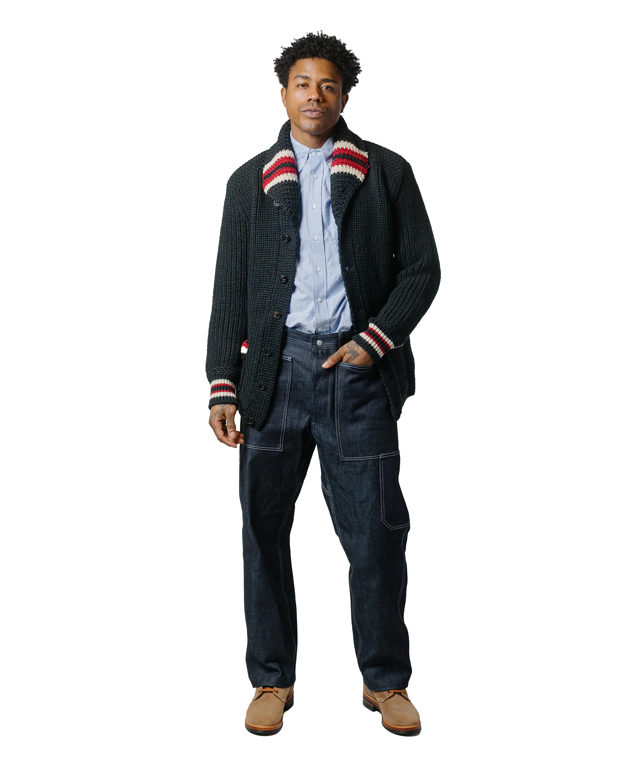 The Real McCoy's MC24111 Striped Shawl Collar Cardigan Charcoal - Image 4