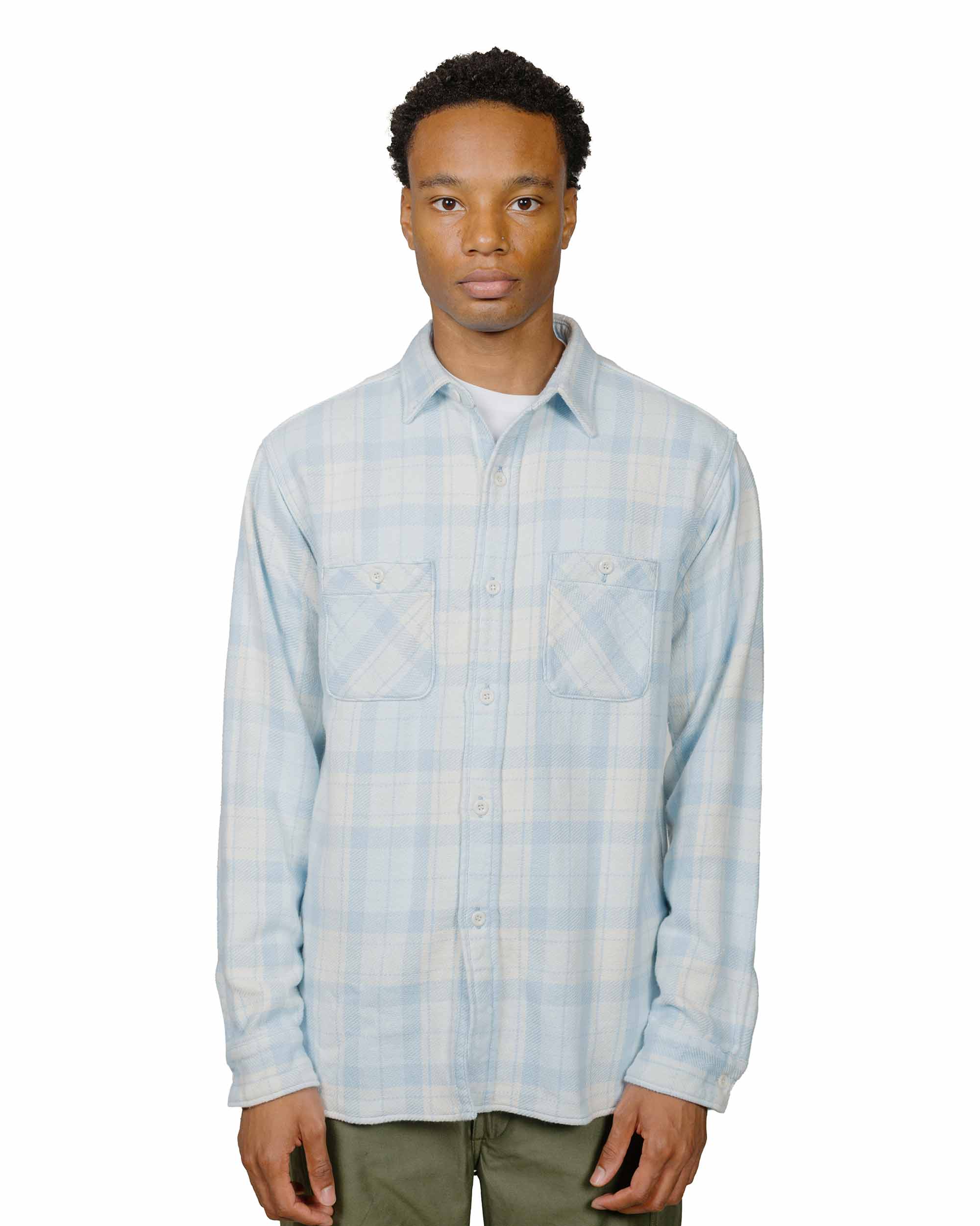 The Real McCoy's MS24007 8HU Block Check Summer Flannel Shirt Light Blue - Image 2