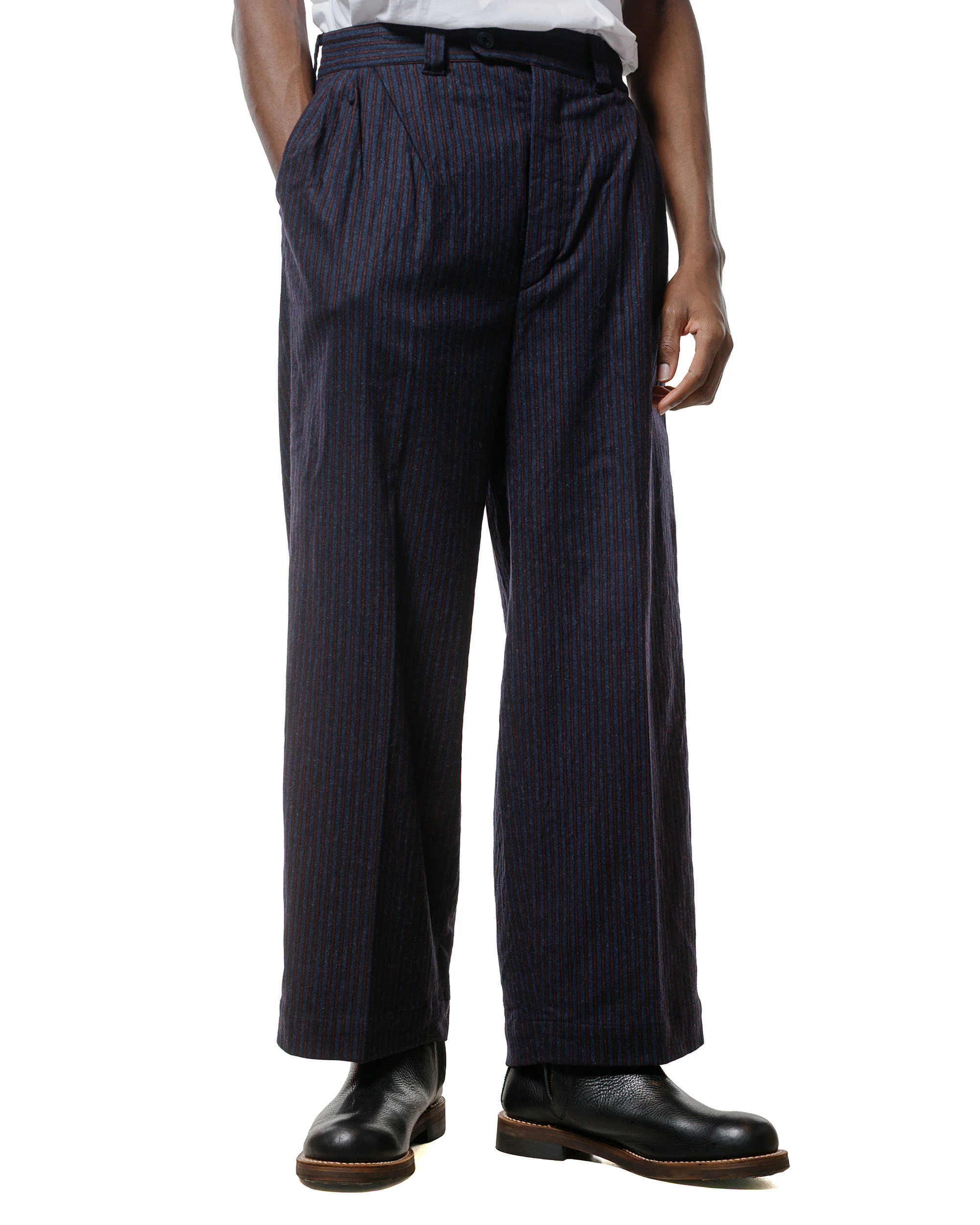 ts(s) 3 Tuck Baggy Pants Stripe Cotton/Wool Stretch Cloth Navy - Image 2