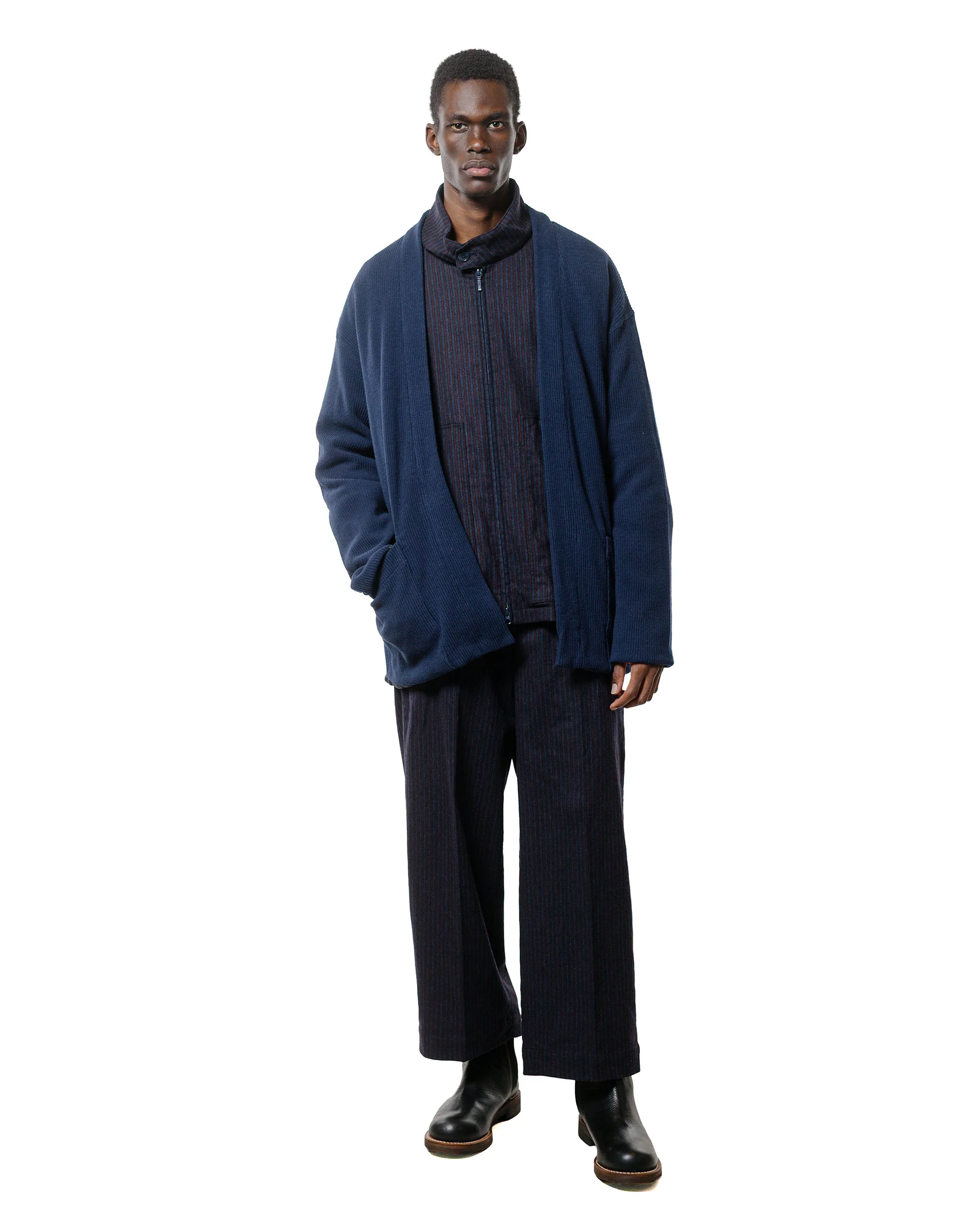 ts(s) 3 Tuck Baggy Pants Stripe Cotton/Wool Stretch Cloth Navy - Image 4