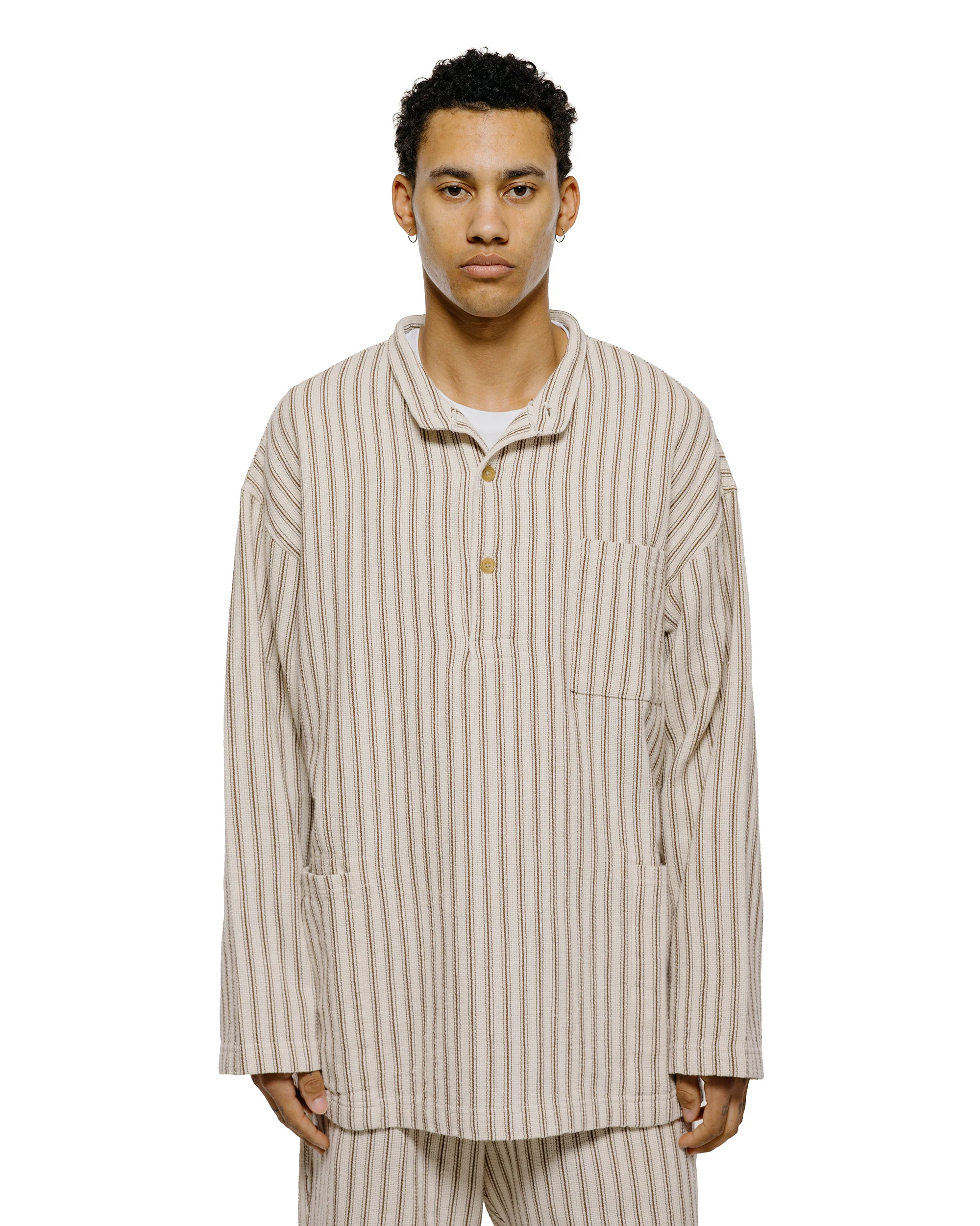 ts(s) Pullover Work Shirt Jacket Rustic Stripe Cotton Mesh Cloth Brown - Image 2