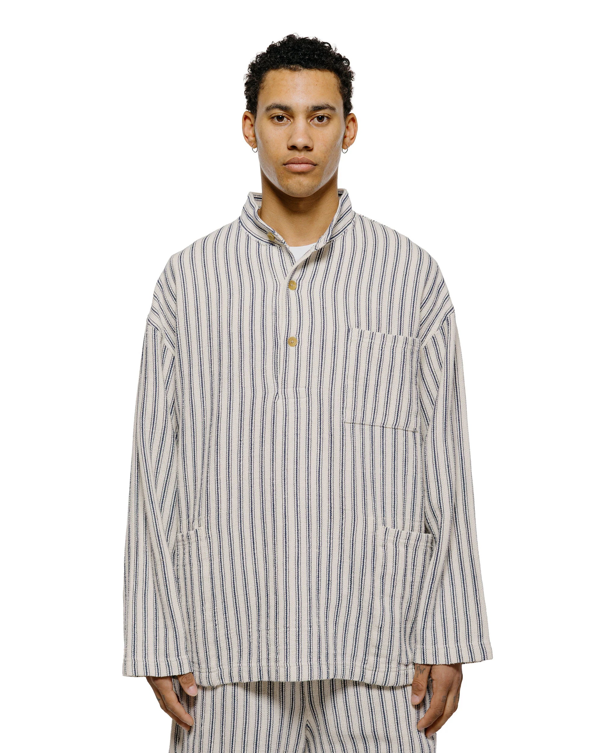 ts(s) Pullover Work Shirt Jacket Rustic Stripe Cotton Mesh Cloth Navy - Image 2
