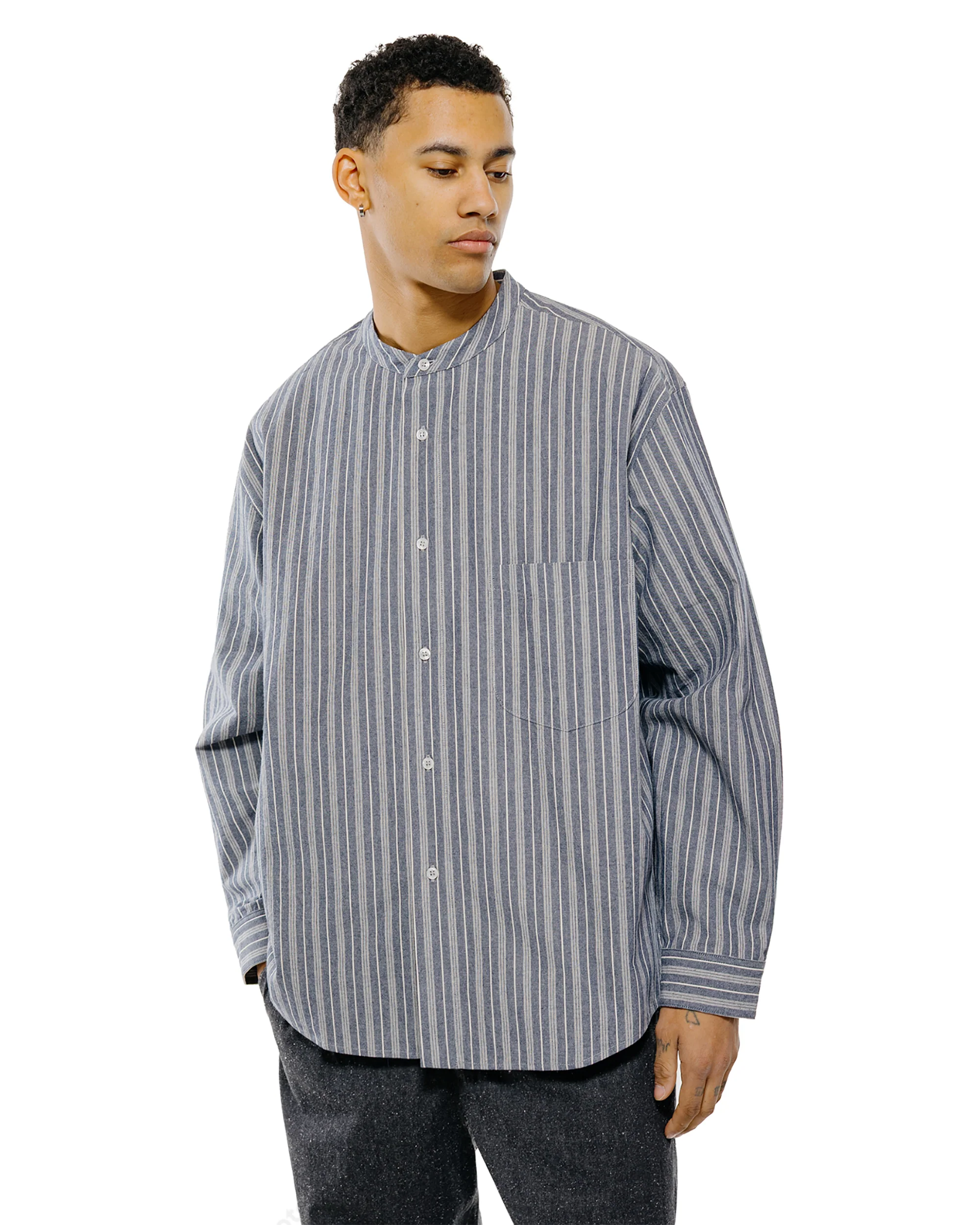 Wanze Band Collar Shirt Cotton Stripe Indigo - Image 2