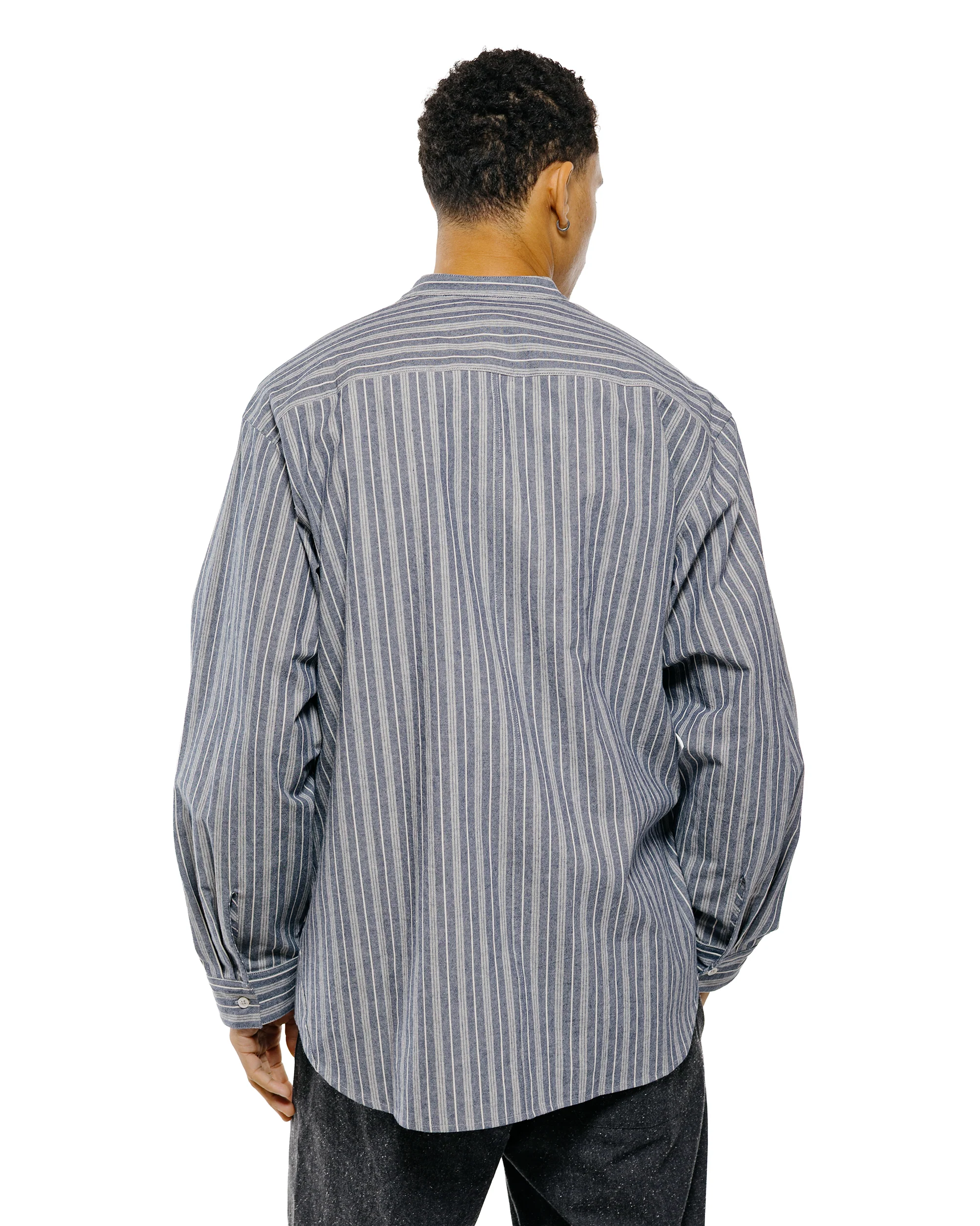 Wanze Band Collar Shirt Cotton Stripe Indigo - Image 3